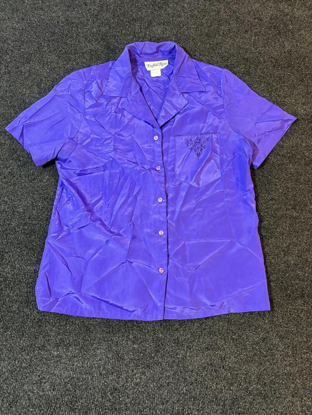 English Rose Shirt Womens 10 Purple Satin Button Up Short Sleeve Embroidered